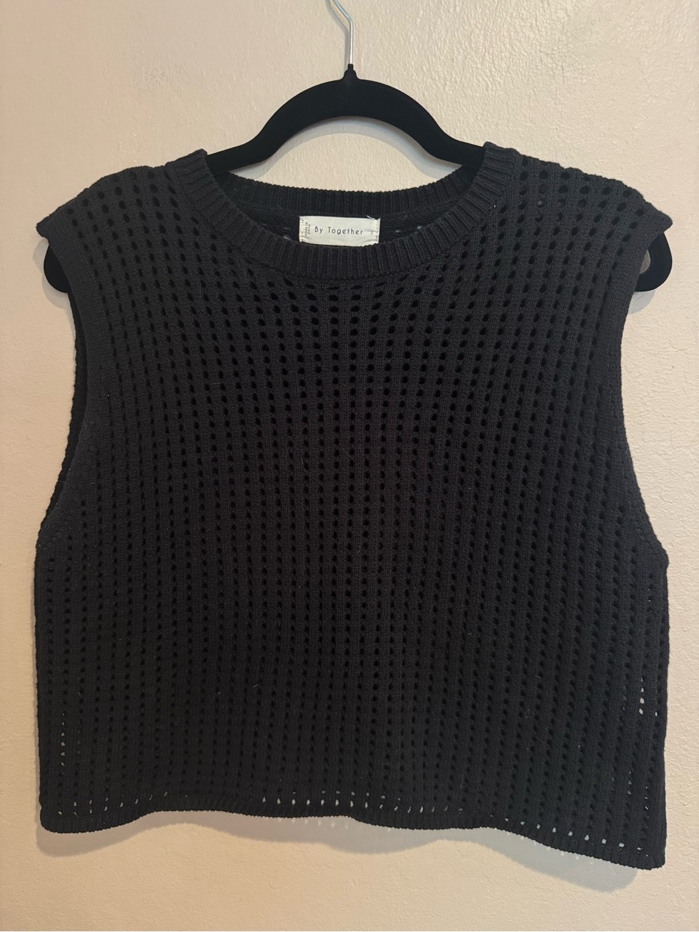 By Together Black Crochet Open Knit Tank Top Slightly Cropped, Scoop Neck